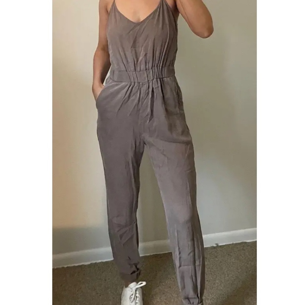 Thread and Supply Khaki Cargo Jumpsuit Tencel Jogger Adjustable Straps Read Sz S